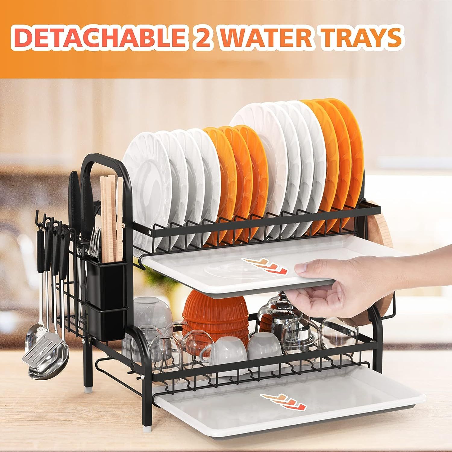 Dish Drying Rack, 2-Tier Dish Racks For Kitchen Counter, Sink Dish Drainer With Drainboard, Utensil Holder And Cutting Board Holder, Stainless Steel Kitchen Drying Rack-Black