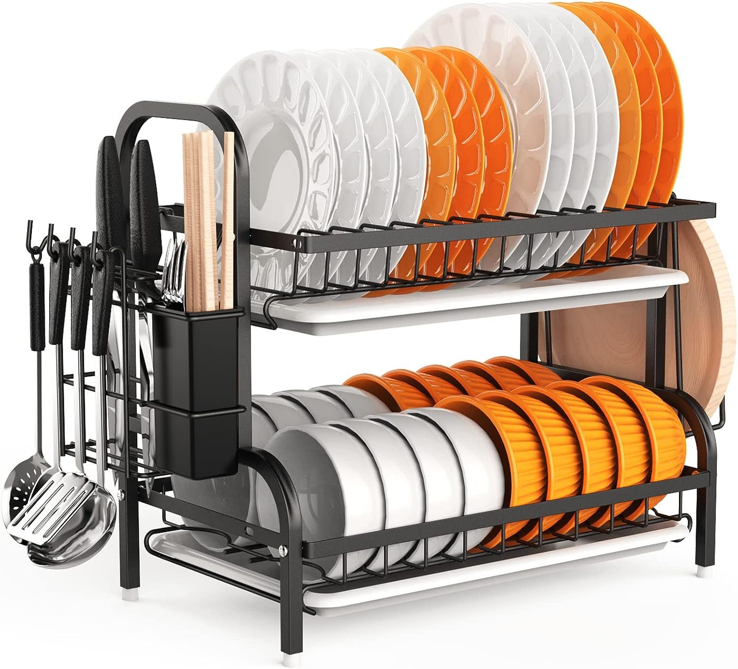 Dish Drying Rack, 2-Tier Dish Racks For Kitchen Counter, Sink Dish Drainer With Drainboard, Utensil Holder And Cutting Board Holder, Stainless Steel Kitchen Drying Rack-Black